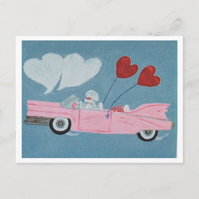 Postal Caniches en convertible rosa (Anverso)