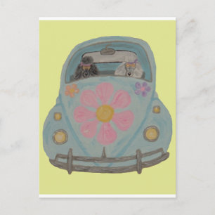 Postal Caniches Hippies en su Coche de Amor de Niño Flor