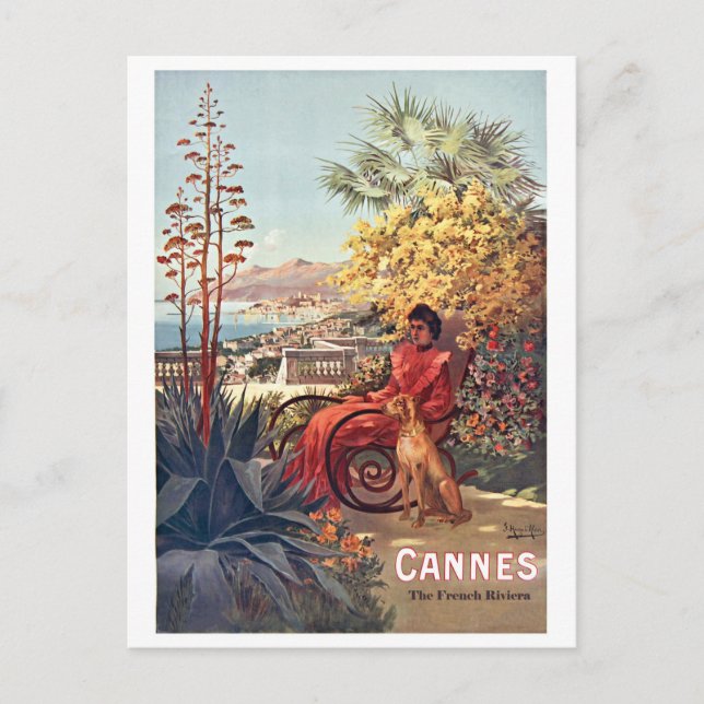 Postal Cannes, Lady con su perro en el jardín (Anverso)