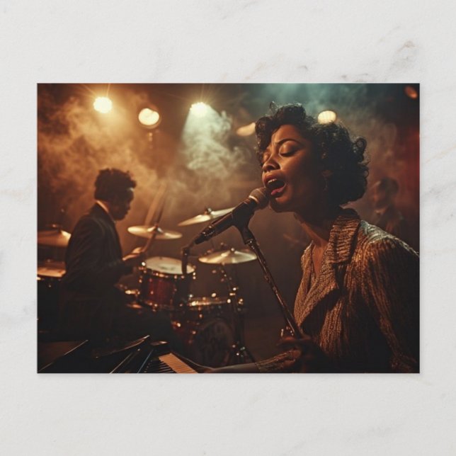 Postal Cantando el Blues, afroamericano, club nocturno (Anverso)