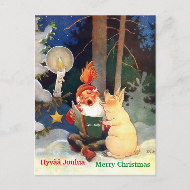 Postal Canto finlandés de tomte o Haltija Gnome y Cerdo (Anverso)