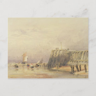 Postal Capa de mar con barcazas de vela y figuras de