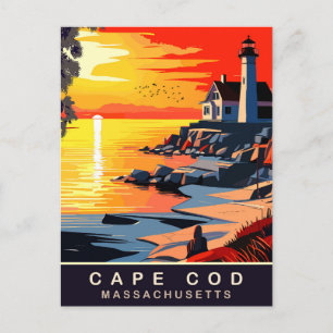 Postal Cape Cod, MAMÁES, puesta de sol en la costa, viaje