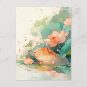 Postal Capibara Durmiendo en Estanque de Flor de Loto Ros