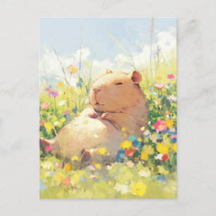 Postal Capibara Durmiendo en un Prado de Verano con Flore