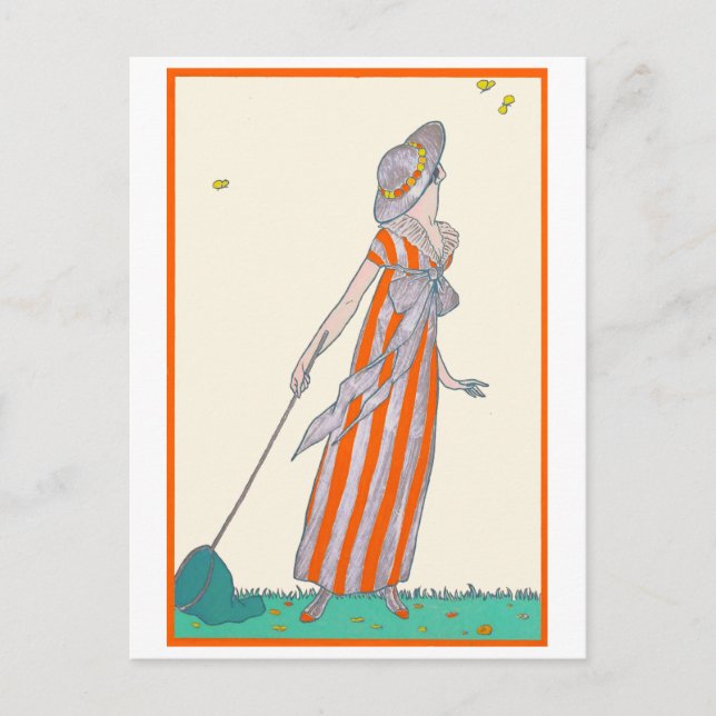 Postal Capturando mariposas George Barbier Moda Francesa (Anverso)