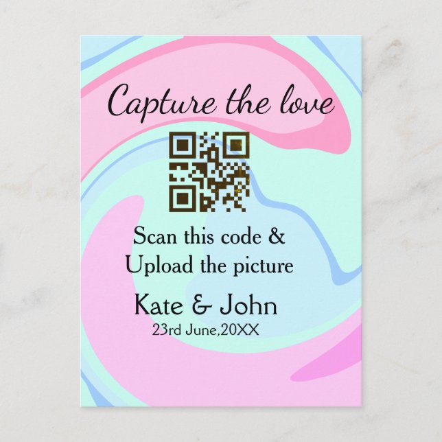 Postal Capturar el amor añadir QR scan mármol azul rosa (Anverso)