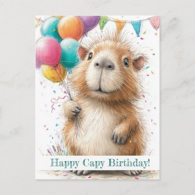 Postal Capybara Birthday Card • Cute Balloon Design (Anverso)