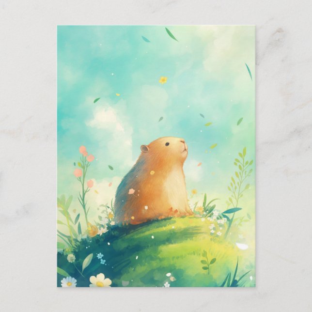 Postal Capybara on Hill with Falling Petals and Leaves (Anverso)