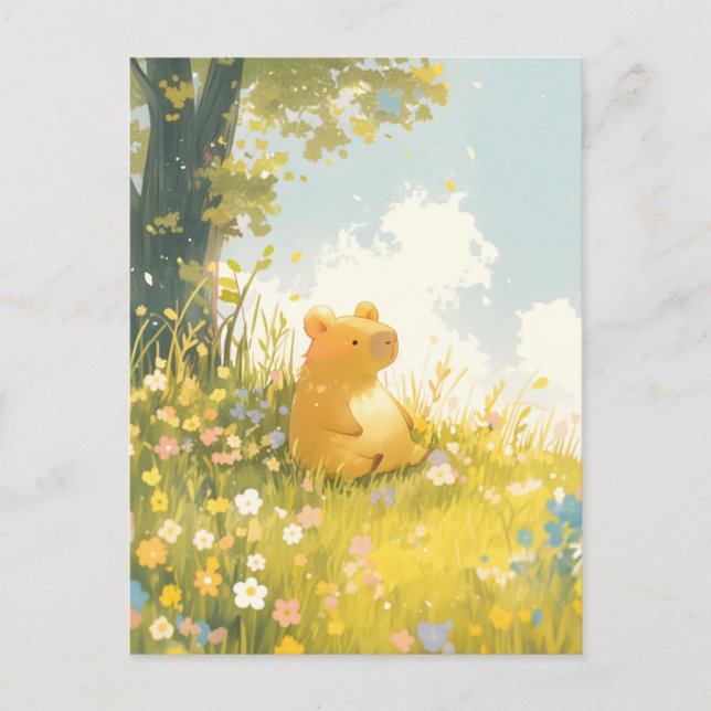 Postal Capybara Sitting in Wildflower Meadow under Tree (Anverso)
