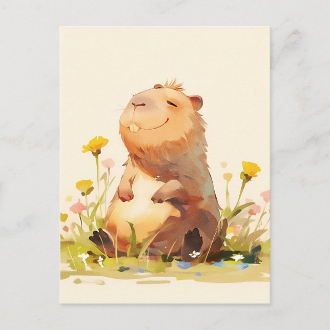 Postal Capybara Sitting in Yellow Wildflower Garden (Anverso)