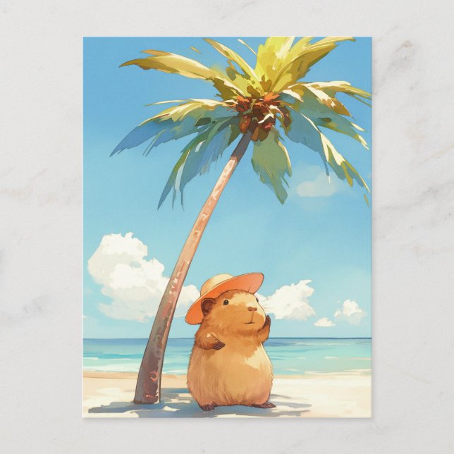Postal Capybara Wearing Sun Hat on Tropical Summer Beach (Anverso)