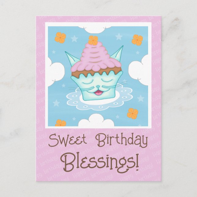 Postal Cara de Gata Voladora Linda Cupcake Cumpleaños (Anverso)