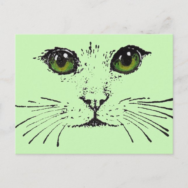 Postal Cara de gato Dibujo negro Vibrante ojos verdes (Anverso)