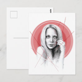 Postal Cara de mujer con el rojo halo espeluznante bello