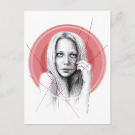 Postal Cara de mujer con el rojo halo espeluznante bello