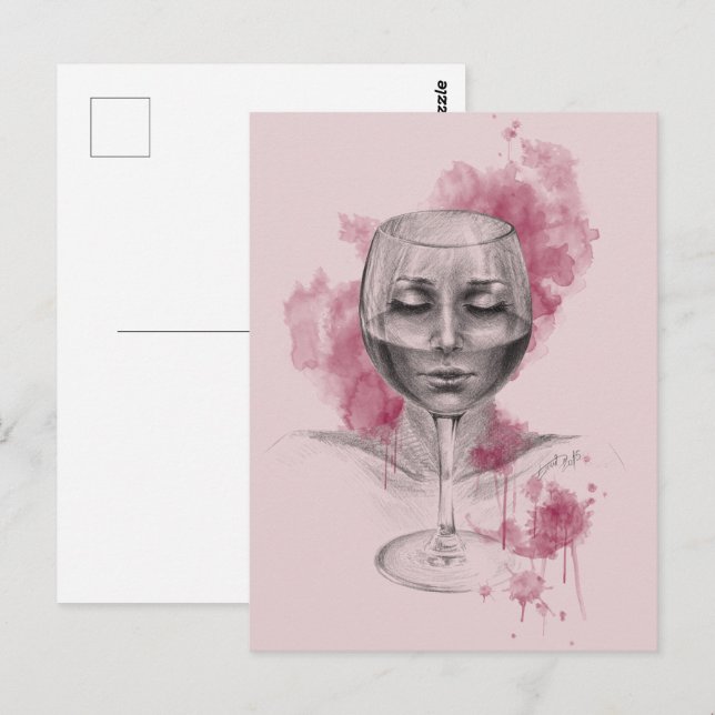 Postal Cara de mujer en arte de dibujo surrealista de vid (Anverso / Reverso)