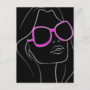 Postal Cara de mujer en gafas de sol rosadas Retro negro