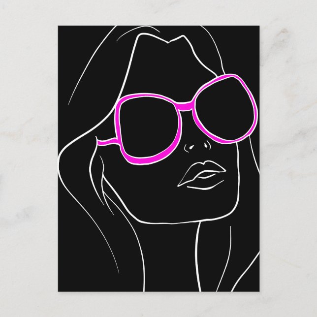 Postal Cara de mujer en gafas de sol rosadas Retro negro (Anverso)