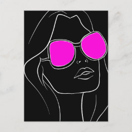 Postal Cara de mujer retro en gafas de sol rosadas negro