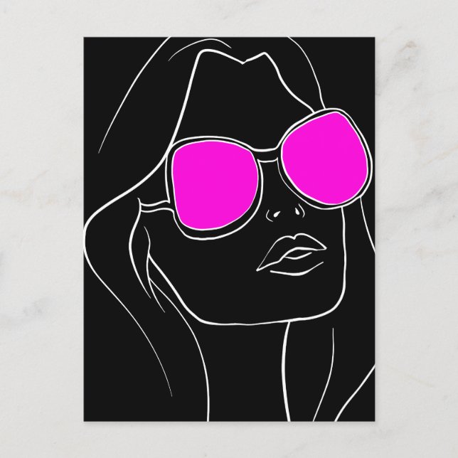 Postal Cara de mujer retro en gafas de sol rosadas negro (Anverso)