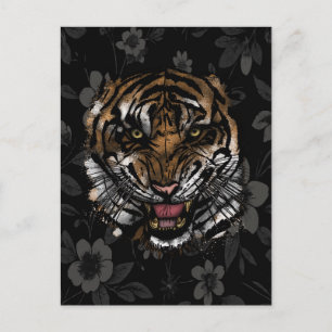 Postal Cara de Tigre Feroz con Flores Blancas Estética Gó