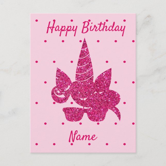Postal Cara de Unicornio Brillo Rosa Niñas (Anverso)