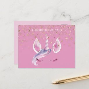 Postal Cara de Unicornio con Confeti Brillante de Oro Ros