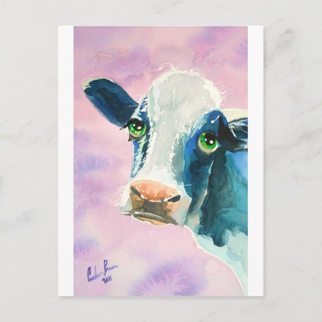Postal Cara de vaca con ojos verdes pintura acuarela (Anverso)