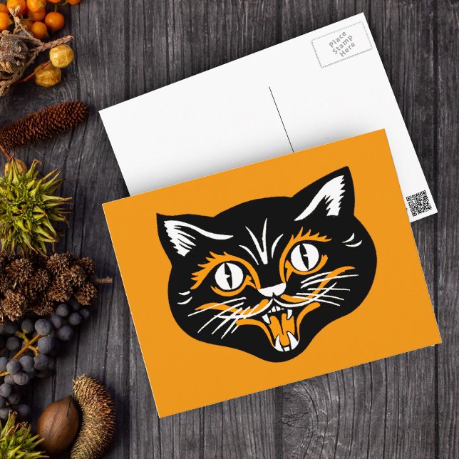 Postal Cara del gato del vintage de Halloween (Happy smiling Halloween black cat face with white accents on orange postcard.)