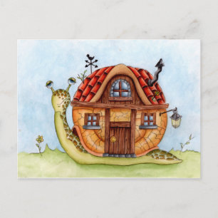 Postal Caracol con casa a cuestas pintura acuarela Postc