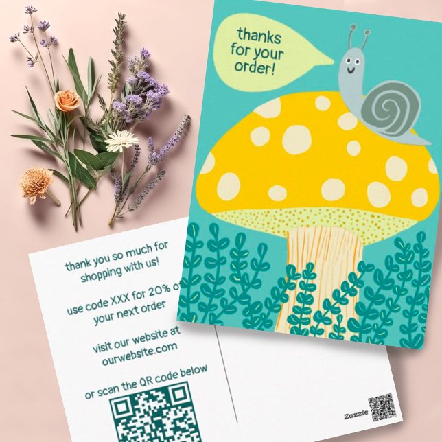 Postal Caracol Hongo Mágico Personalizado Gracias QR (Custom QR Code customer appreciation postcard for including with orders. Snail and magic mushroom!)