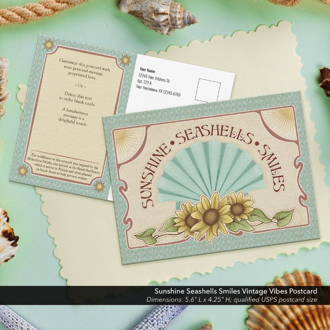 Postal Caracolas Sonrisas Sol Vintage (Sunshine, Seashells, & Smiles Vintage Vibes Postcard–Pre-print your return address for easy mailing.)