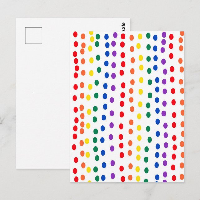 Postal Caramelo de lunares de arcoíris sobre blanco  (Anverso / Reverso)