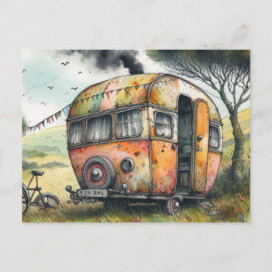 Postal Caravana Campista Estilo Acuarela Desgastada y Ori