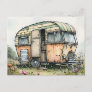 Postal Caravana Campista Estilo Acuarela Desgastada y Ori
