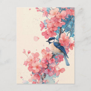 Postal Carbonero azul en rama de flor de cerezo rosa