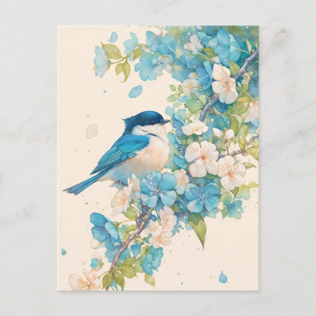 Postal Carbonero azul y blanco en rama de flor de primave (Anverso)