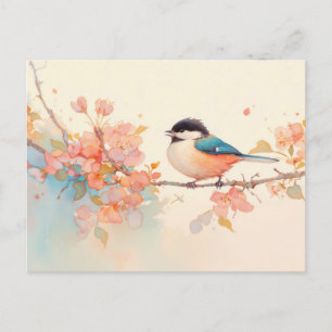 Postal Carbonero en rama de flor de primavera rosa