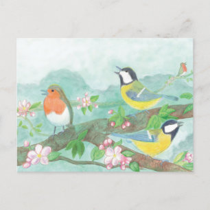 Postal Carboneros Cantando en un Árbol en Flor