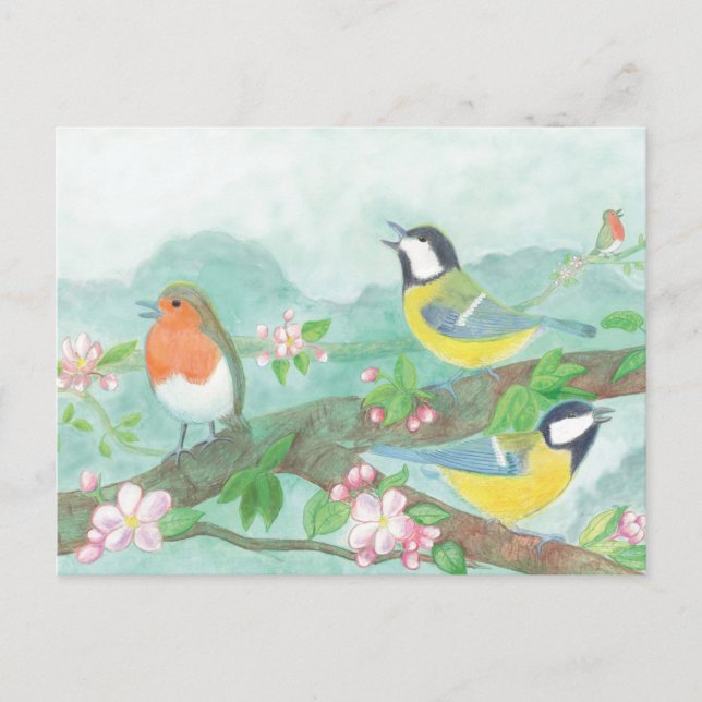 Postal Carboneros Cantando en un Árbol en Flor (Anverso)