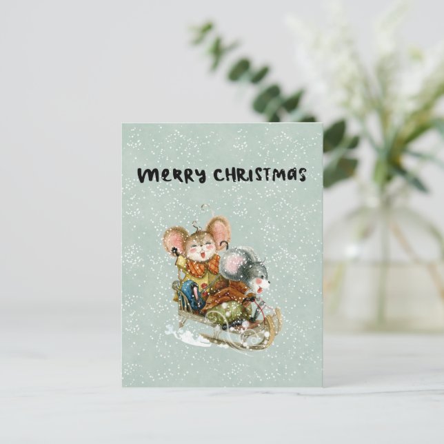Postal Card (10,8 x 14,2 cm) - Two Mice On A Sleigh (Anverso de pie)