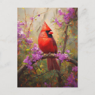 Postal Cardenal con flores moradas