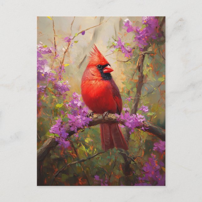 Postal Cardenal con flores moradas (Anverso)
