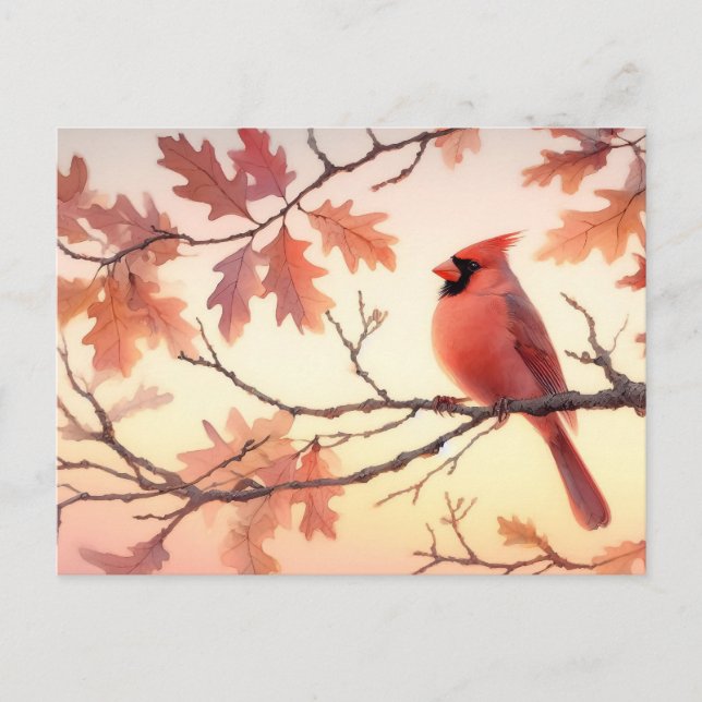 Postal Cardenal de acuarela y hojas de otoño (Anverso)
