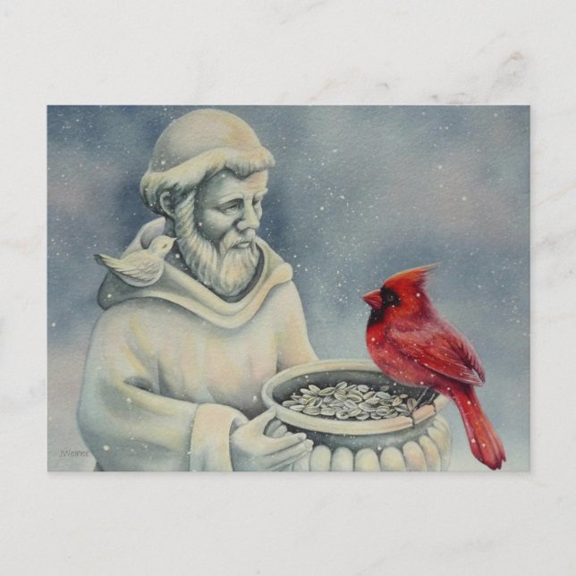 Postal Cardenal rojo de invierno Bird St Francis Watercol (Anverso)
