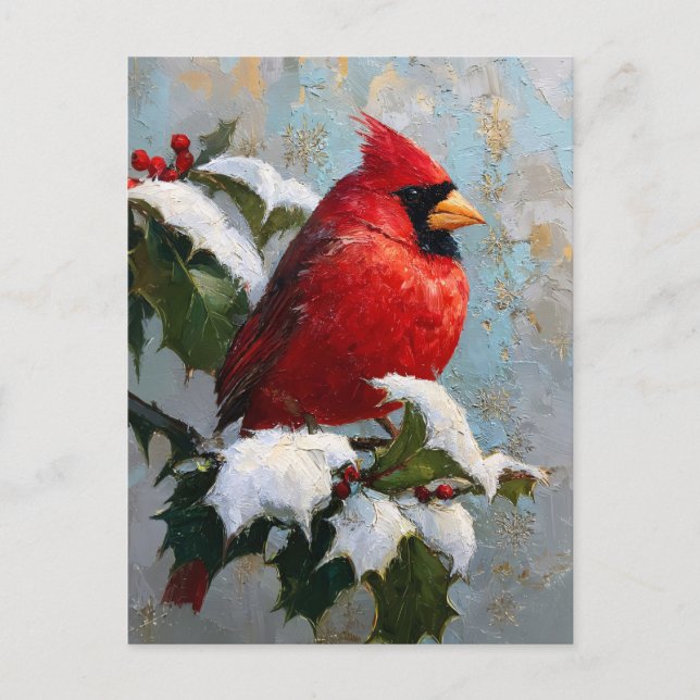 Postal Cardenal Rojo sobre Acebo Nevado (Anverso)