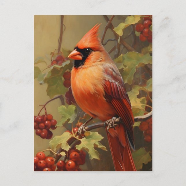 Postal Cardenal rojo y berries forestales silvestres (Anverso)