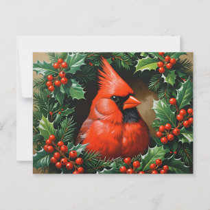 Postal Cardenal rojo y Holly Berry Wreath