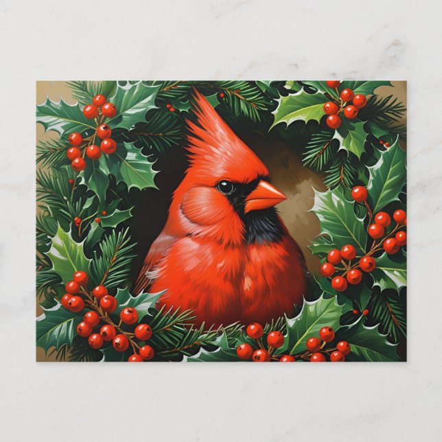 Postal Cardenal rojo y Holly Berry Wreath (Anverso)